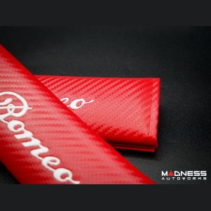 Seat Belt Shoulder Pads - set of 2 - Carbon Fiber look - Red w/ White Alfa Romeo Logo 