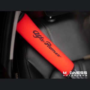 Seat Belt Shoulder Pads - set of 2 - Red w/ Alfa Romeo Logo + Black Binding