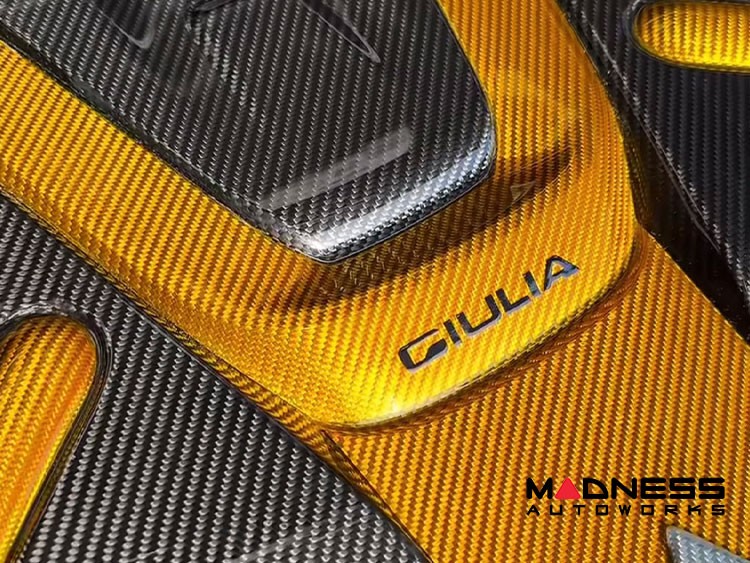 Alfa Romeo Giulia Engine Cover - Carbon Fiber - QV Version - Candy Yellow Accents