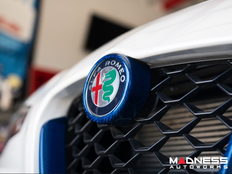 Alfa Romeo Giulia Front V Shield Grill Frame + Emblem Frame Kit - Carbon Fiber - QV Model - Candy Blue 