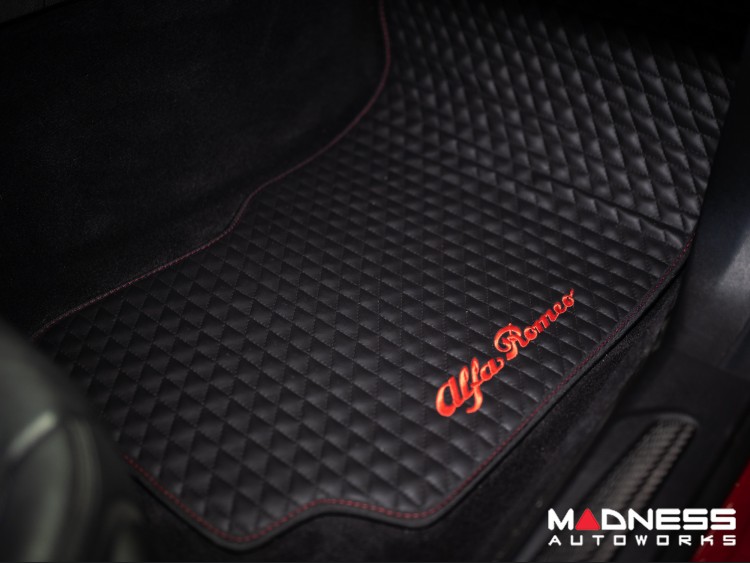 Alfa Romeo Giulia Floor Mats - Italian Leather - Front + Rear Set - Black w/ Red Stitching