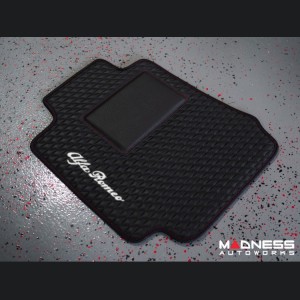 Alfa Romeo Giulia Floor Mats - Italian Leather - Front - Black w/ Red Stitching - White Script