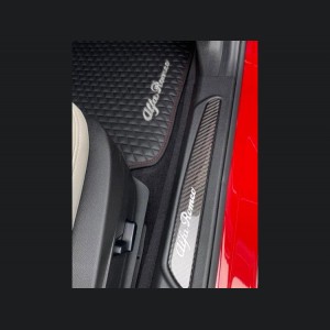Alfa Romeo Giulia Floor Mats - Italian Leather - Front - Black w/ Red Stitching - White Script