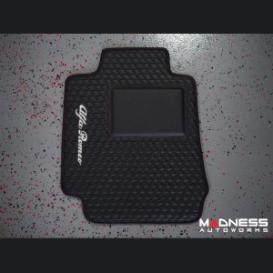 Alfa Romeo Giulia Floor Mats - Italian Leather - Front - Black w/ Red Stitching - White Script