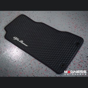 Alfa Romeo Giulia Floor Mats - Italian Leather - Front - Black w/ Red Stitching - White Script