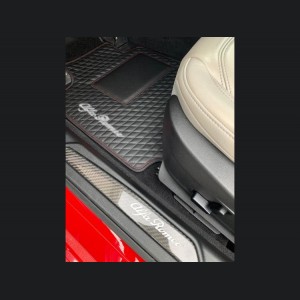 Alfa Romeo Giulia Floor Mats - Italian Leather - Front - Black w/ Red Stitching - White Script