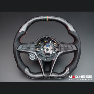 Alfa Romeo Stelvio Custom Steering Wheel - Carbon Fiber - Flat Top/ Flat Bottom - w/ Italian Stripe - Non QV Models - Alcantara