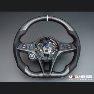 Alfa Romeo Giulia Steering Wheel - Carbon Fiber - Round Top/ Flat Bottom - w/ Italian Stripe