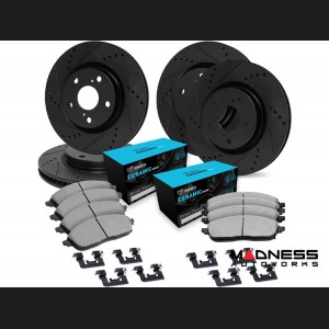 Alfa Romeo Giulia Brake Kit - 2.0L - Front + Rear - R1 Concepts - Ceramic Brake Pads - eLINE Black Drilled + Slotted Rotors