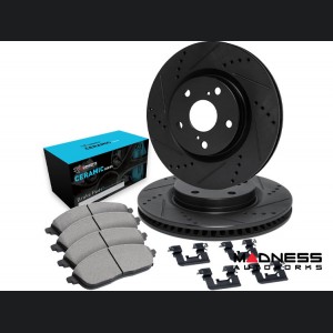 Alfa Romeo Giulia Brake Kit - 2.0L - Front - R1 Concepts - Ceramic Brake Pads - eLINE Black Drilled + Slotted Rotors