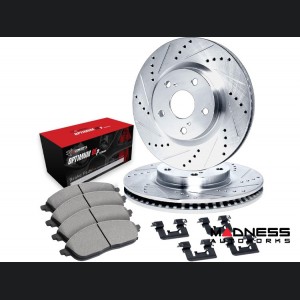 Alfa Romeo Giulia Brake Kit - 2.0L - Front - R1 Concepts - Optimum OEp Brake Pads - eLINE Drilled + Slotted Rotors