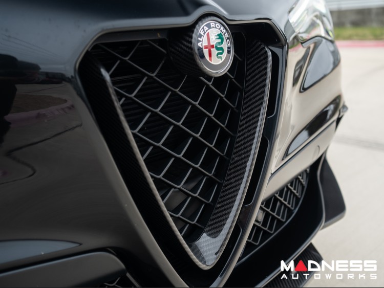 Alfa Romeo Stelvio Front V Shield Grill Frame + Emblem Frame Kit - Carbon Fiber - QV Model