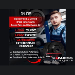 Alfa Romeo Giulia Brake Kit - 2.0L - Front + Rear - R1 Concepts - Ceramic Brake Pads - eLINE Black Drilled + Slotted Rotors