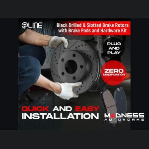 Alfa Romeo Giulia Brake Kit - 2.0L - Front + Rear - R1 Concepts - Ceramic Brake Pads - eLINE Black Drilled + Slotted Rotors