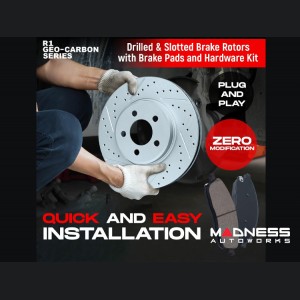 Alfa Romeo Stelvio Brake Kit - Front + Rear - R1 Concepts - Optimum OEp Brake Pads - eLINE Drilled + Slotted Rotors