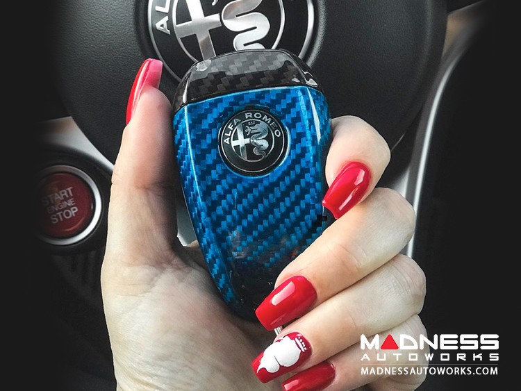 Alfa Romeo Giulia Key Fob Cover  - Carbon Fiber - Blue Candy Main/ Black Accents