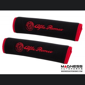 Seat Belt Shoulder Pads - set of 2 - Black w/ Alfa Romeo Logo + Red Binding