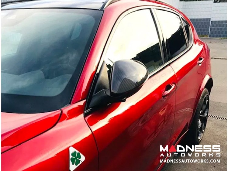 Alfa Romeo Giulia Mirror Covers - Carbon Fiber - Full Replacements - White Carbon