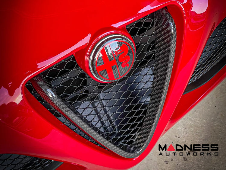 Exotic Carbon Fiber License Plate Frame – Alfa Romeo Logos, Italy Stripe & White Text – Made In USA